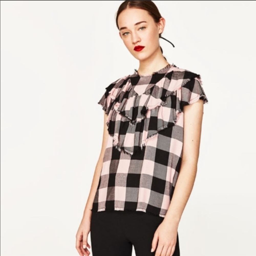 ZARA Pink Checked Ruffled Blouse - Picture 2 of 4